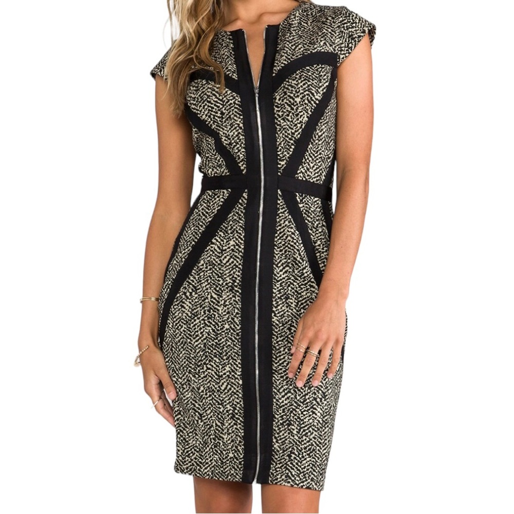 ERIN Erin Fetherston Black/Cream Gold "Corrine" Front Zip Bodycon Sheath Dress